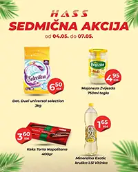 Hass Komerc sedmična akcija 04.05 do 07.05 2026 deterdžent 6,50 KM majoneza 4,95 KM keks 3,60 KM mineralna voda 1,65 KM