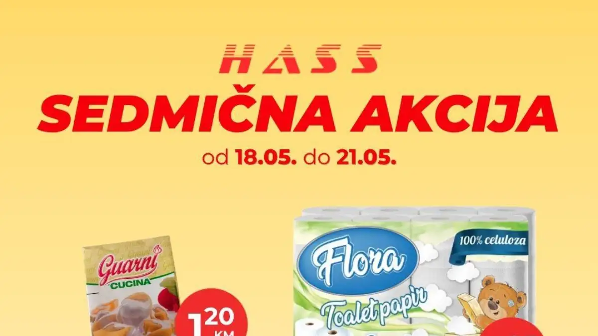 Hass Komerc sedmična akcija maj 2026 Flora toalet papir Guarni vrhnje Medenjak i Vitafull napitak na sniženju od 18.05. do 21.05.2026