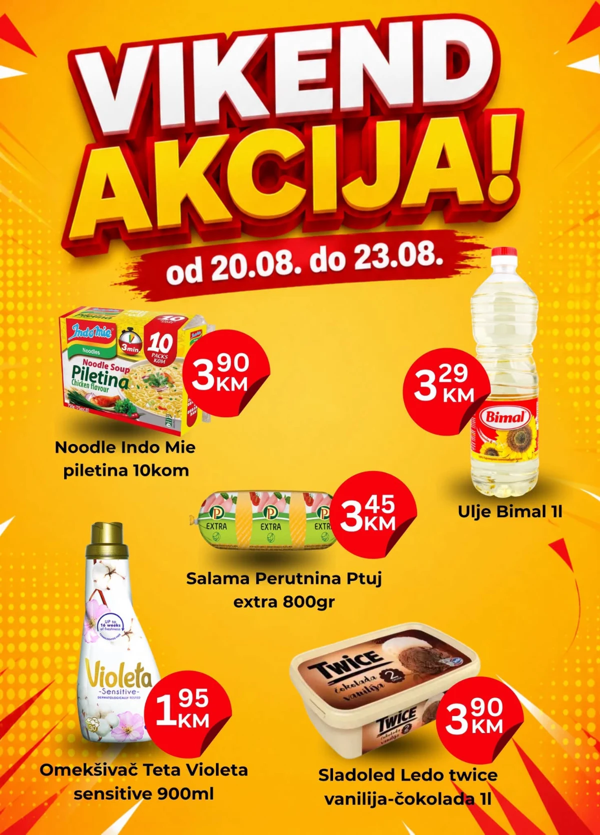 HASS vikend akcija od 20.08. do 23.08.2026. – Violeta omekšivač, Bimal ulje, Perutnina Ptuj salama, Indo Mie nudle i Ledo Twice sladoled
