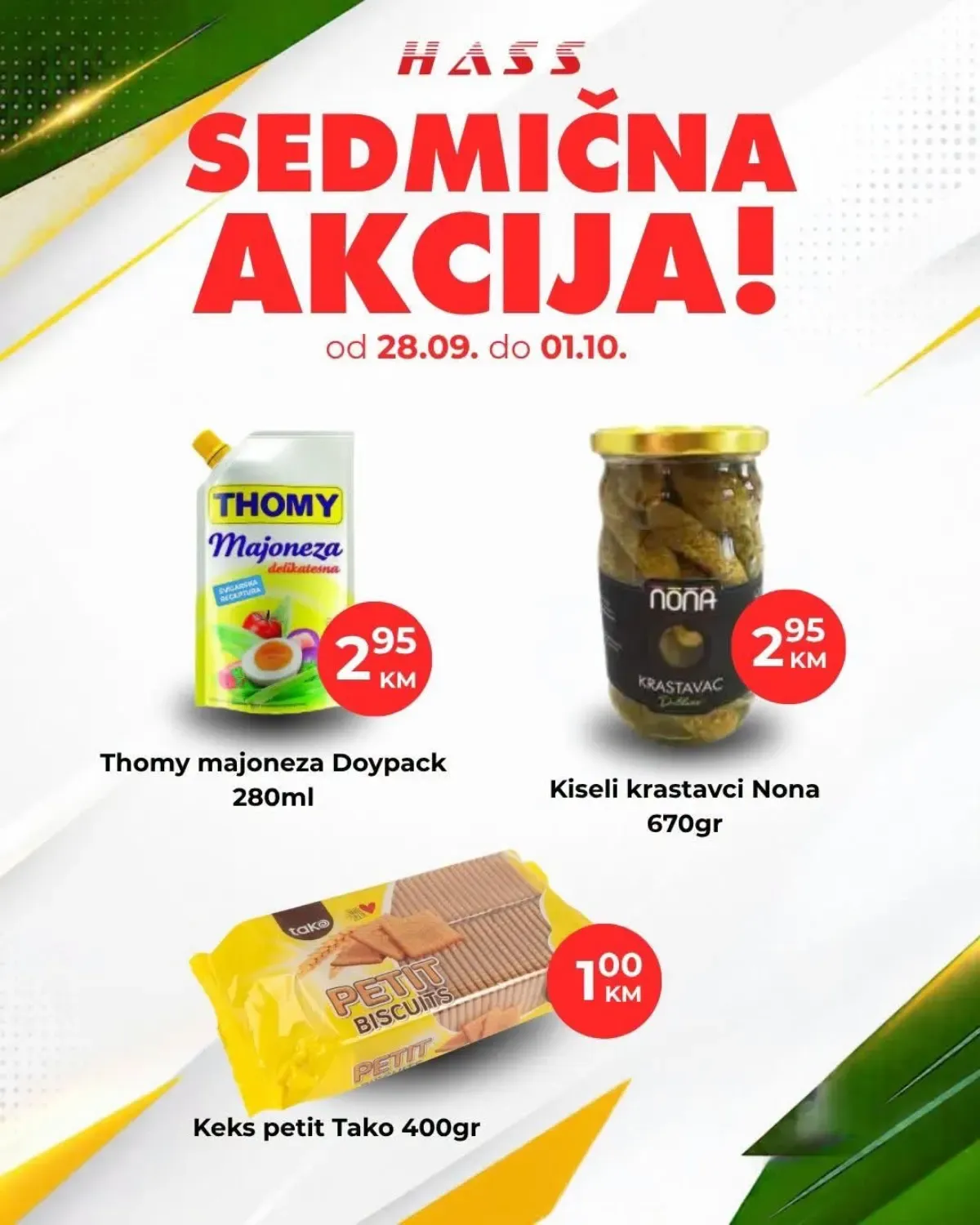 HASS sedmična akcija od 28.09. do 01.10.2026. – Thomy majoneza 2,95 KM, Nona kiseli krastavci 2,95 KM i Tako Petit keks 1 KM