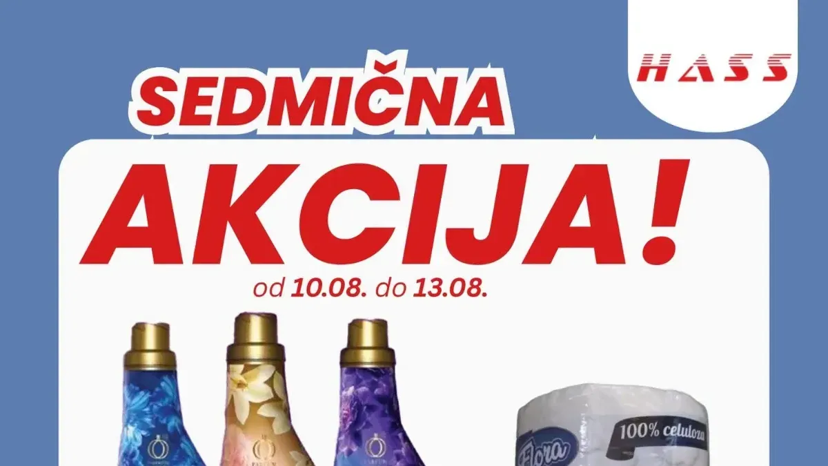 HASS sedmična akcija do 13.08.2026. – Violeta omekšivač 4,95 KM, Flora ubrusi 1,70 KM, Dorina čokolada 4,95 KM i Polimark majoneza 2,55 KM