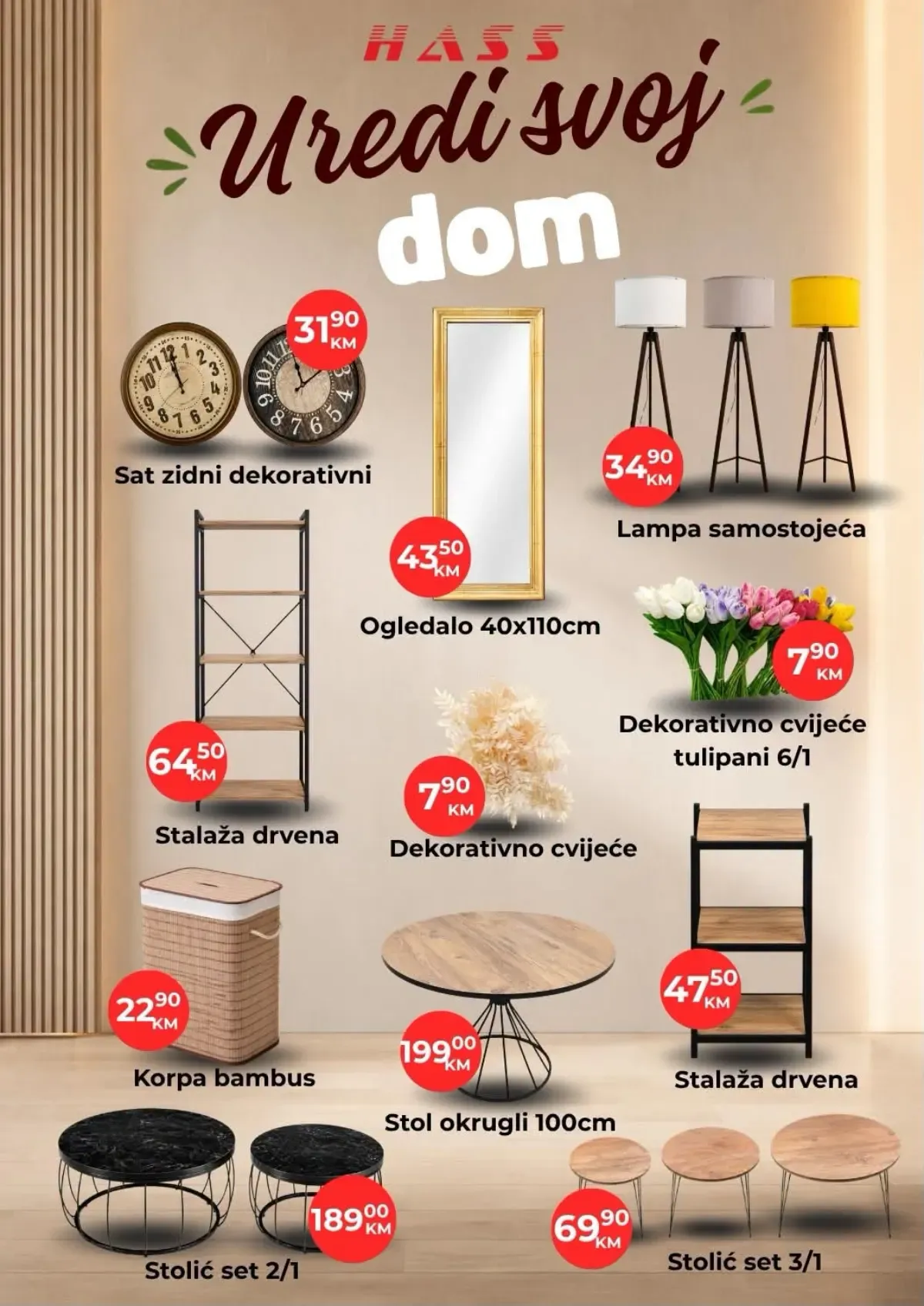 HASS Uredi svoj dom akcija – lampe, ogledalo, drvene police, stolovi, korpe, satovi i dekorativno cvijeće po akcijskim cijenama