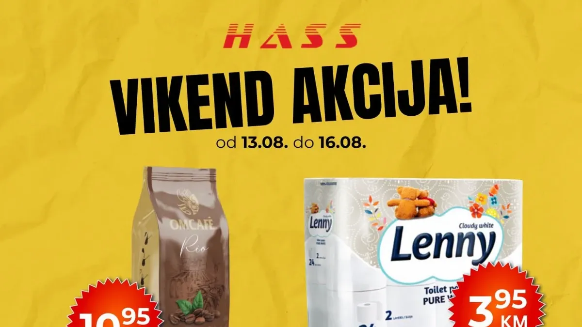 HASS vikend akcija do 16.08.2026. – Omcafe Rio kafa, Lenny toalet papir, Perutnina Ptuj salama, Nutella i ledeni čaj po akcijskim cijenama