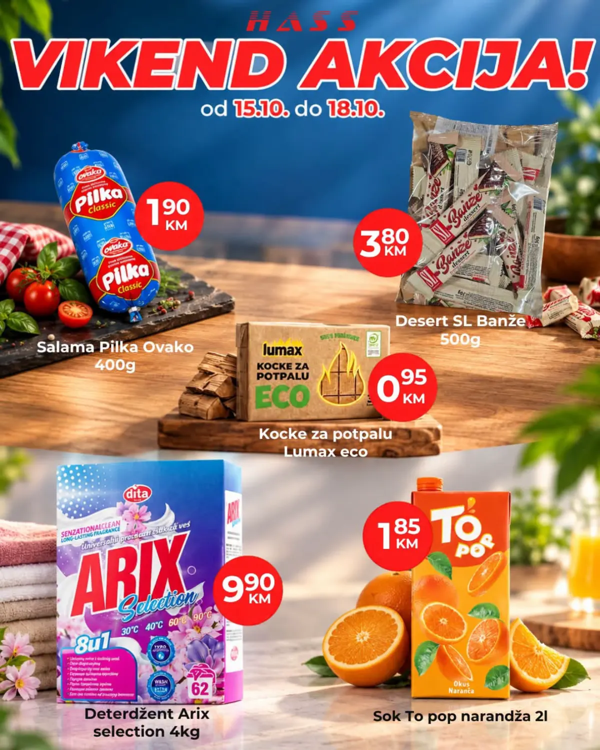 HASS vikend akcija 15–18.10.2026. – salama Pilka Ovako 1,90 KM, desert SL Banže 3,80 KM i deterdžent Arix Selection 9,90 KM