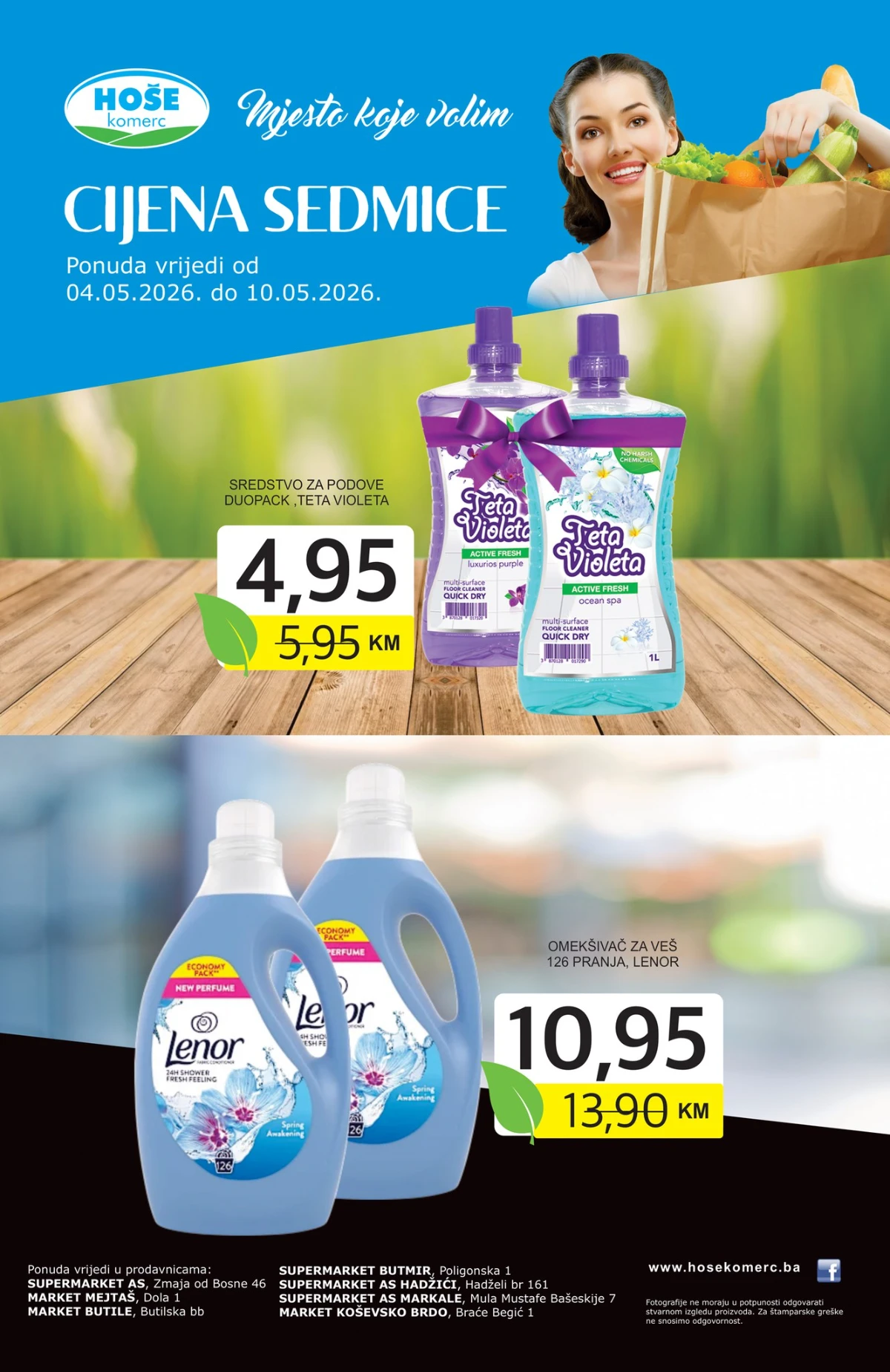 Hoše Komerc cijena sedmice 04–10.05.2026 sniženja do 21% Teta Violeta 4,95 KM Lenor 10,95 KM