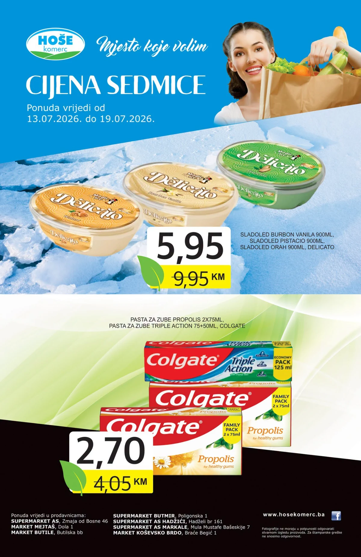 Hoše Komerc Cijena sedmice od 13.07. do 19.07.2026. – Delicato sladoledi 900 ml i Colgate pasta za zube na sniženju