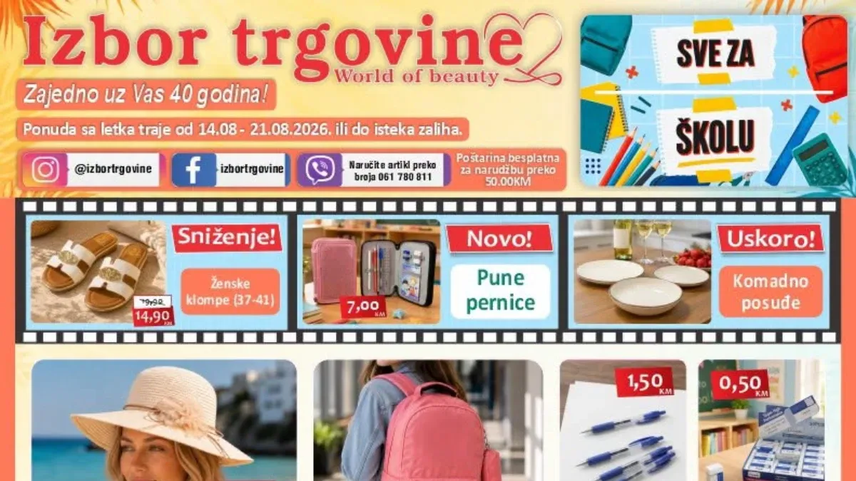 Izbor trgovine katalog od 14.08. do 21.08.2026. – školski pribor, ruksaci, obuća, kozmetika, modni dodaci, igračke i proizvodi za dom