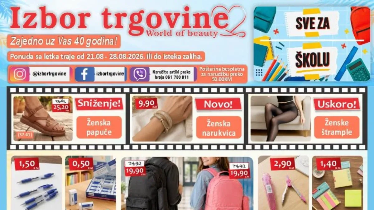 Izbor trgovine katalog od 21.08. do 28.08.2026. – školski pribor, ruksaci, obuća, kozmetika, igračke i proizvodi za dom