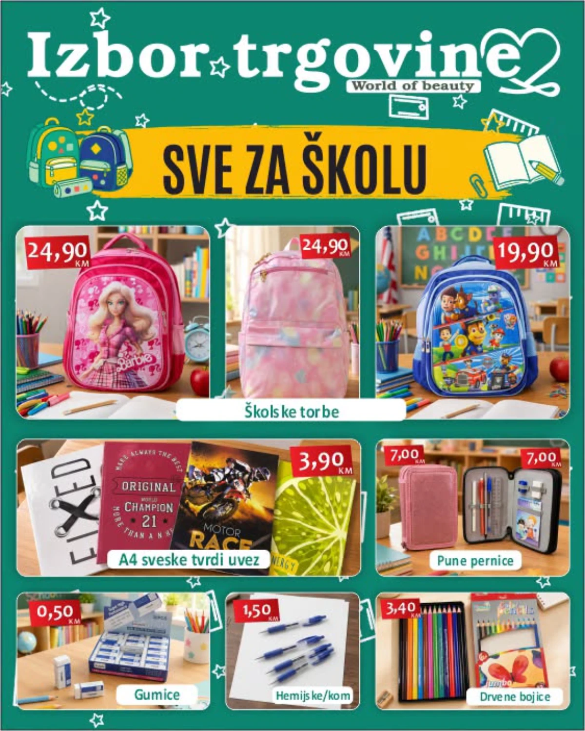 Izbor trgovine Sve za školu – školske torbe od 19,90 KM i A4 sveske tvrdog uveza za 3,90 KM