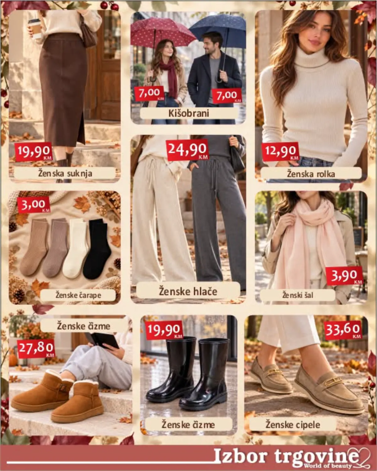 Izbor trgovine jesenja moda – suknje, hlače, rolke, šalovi, čizme, cipele i kišobrani