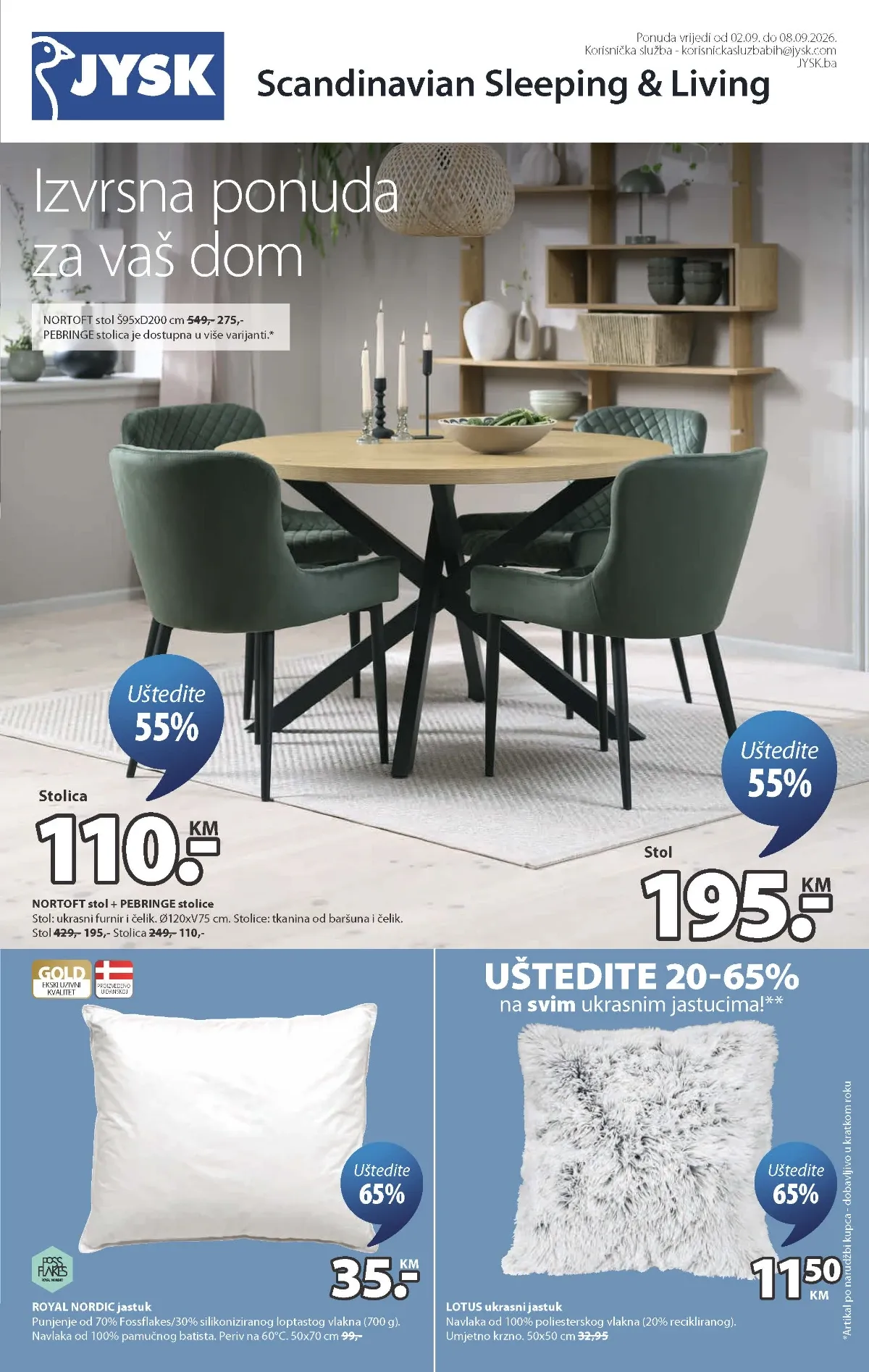 JYSK akcija od 02.09. do 08.09.2026. – namještaj, madraci, jorgani, tekstil i dekoracije sniženi do 65%