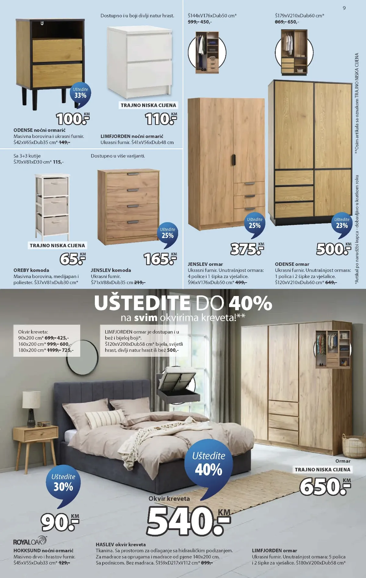 JYSK katalog stranica 9 – HASLEV okvir kreveta i HOKKSUND noćni ormarić