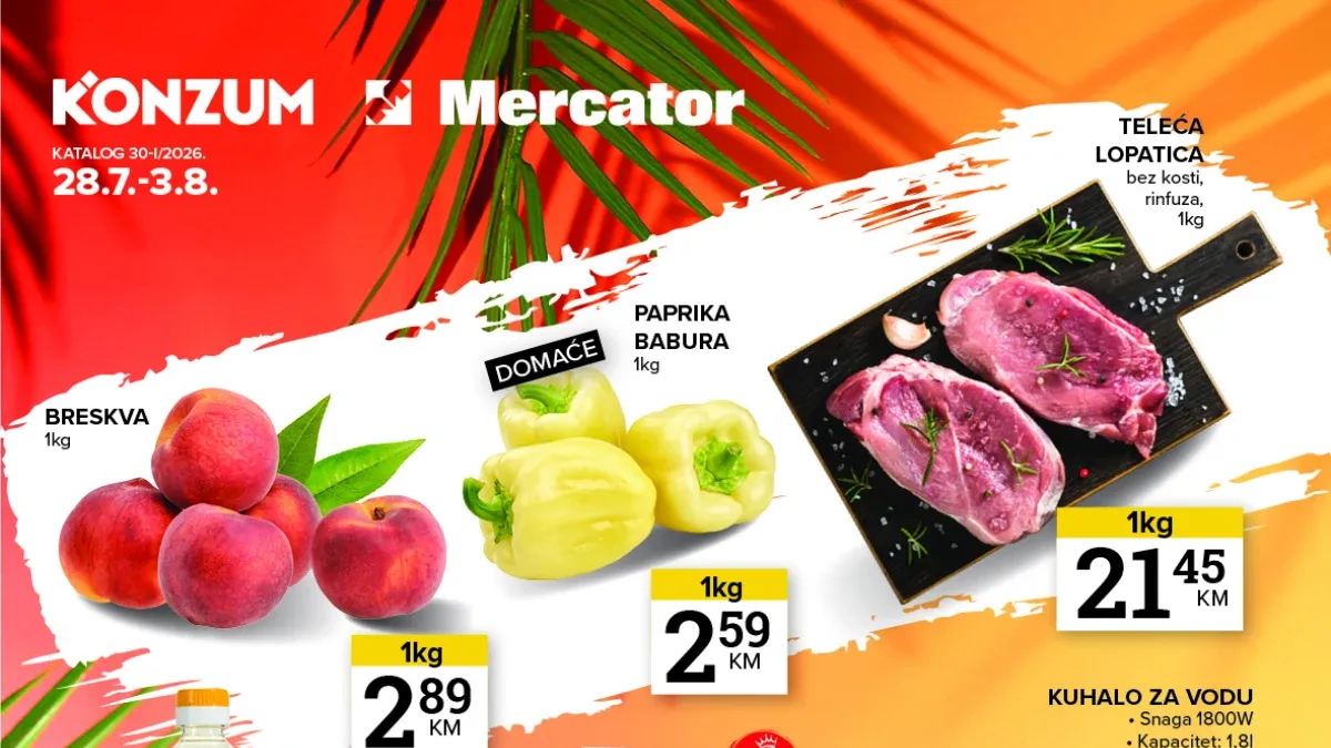 Konzum i Mercator katalog do 03.08.2026. – sedmične akcije i popusti do 50% na prehranu, voće, meso, sladolede i proizvode za domaćinstvo.
