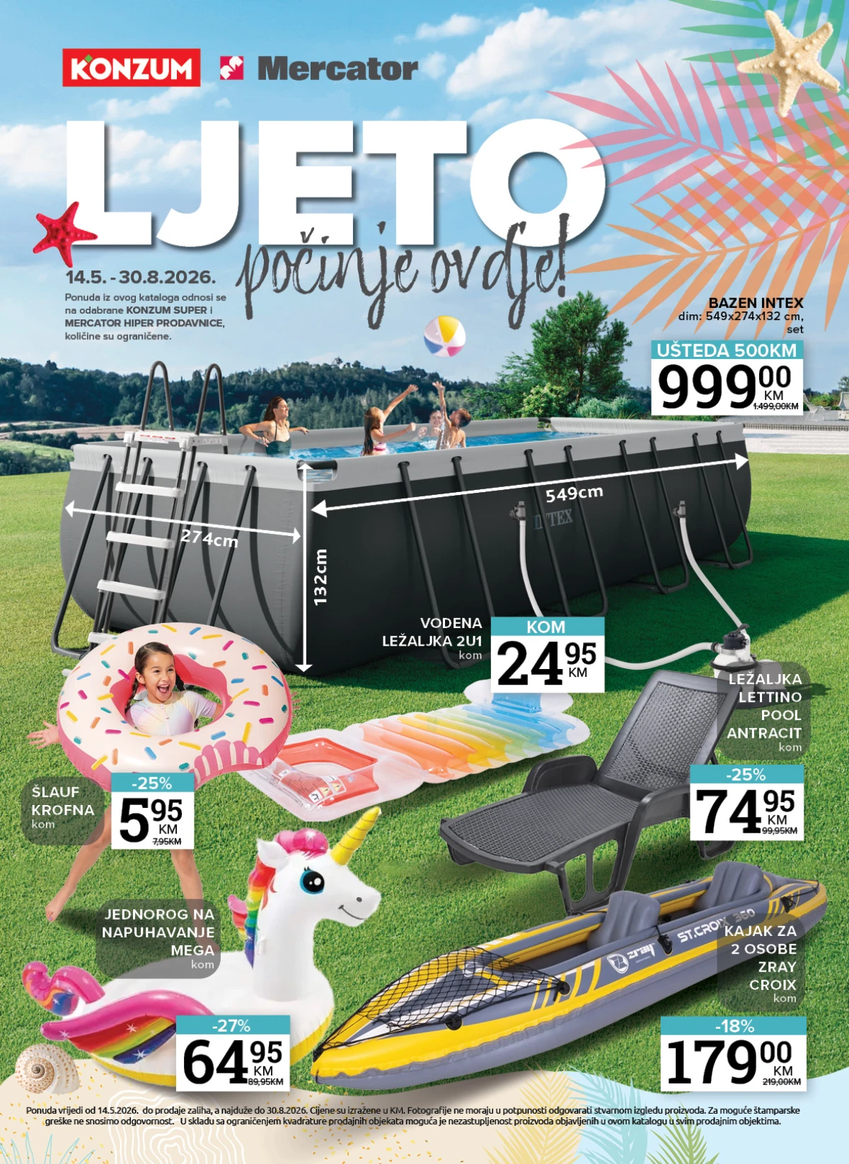 Konzum i Mercator ljetni katalog 14.05 do 30.08 2026 bazeni ležaljke vrtni namještaj i oprema za plažu
