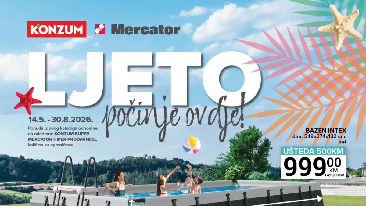 Konzum i Mercator ljetni katalog 14.05 do 30.08 2026 bazeni od 39,95 KM ležaljke vrtni namještaj i ljetna oprema