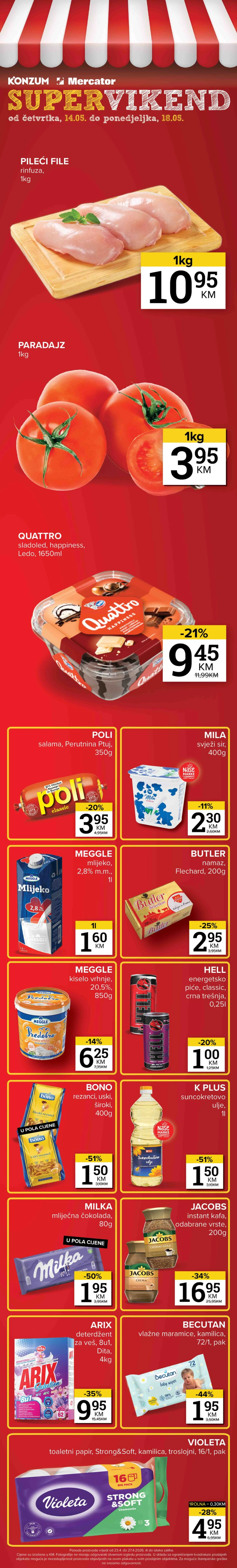 Konzum i Mercator Super Vikend akcija – pileći file 10,95 KM, paradajz 2,95 KM i Violeta 4,95 KM do 18.05.2026