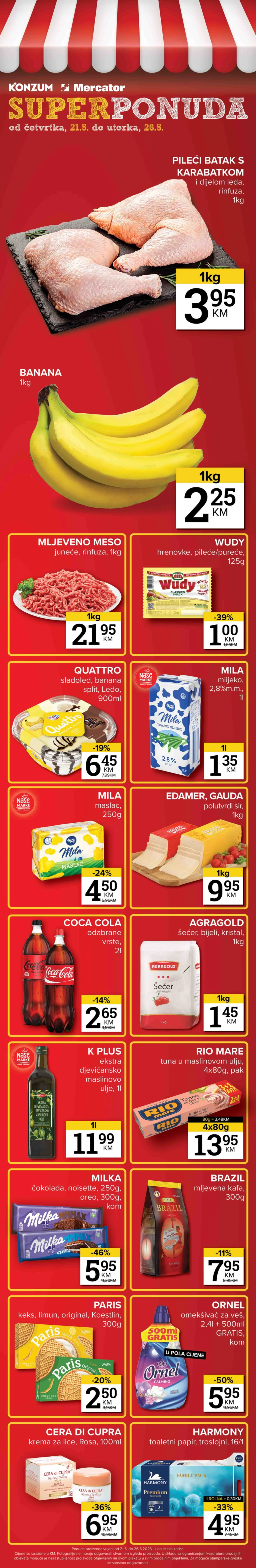 Konzum i Mercator SUPER PONUDA – pileći batak 3,95 KM, banana 2,25 KM, Milka 5,95 KM i Coca Cola 2,65 KM do 26.05.2026