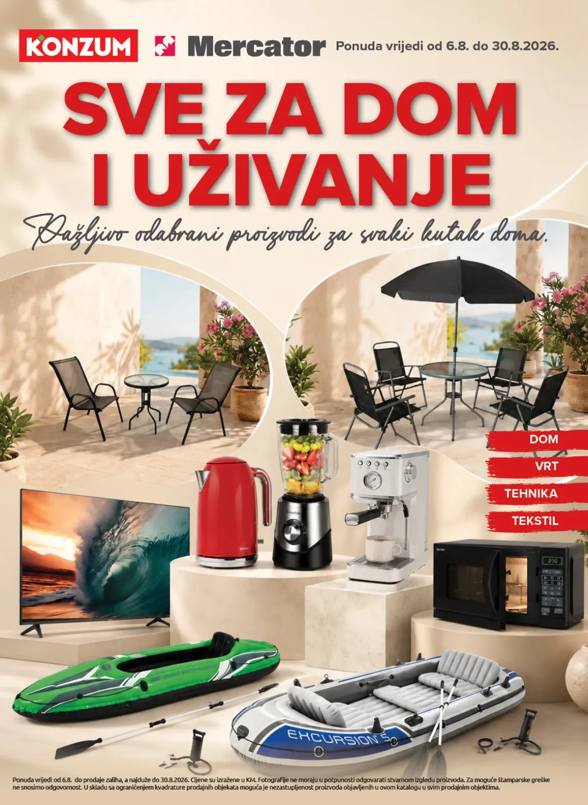 Konzum i Mercator katalog od 06.08. do 30.08.2026. – akcije na tehniku, kućanske aparate, tekstil, obuću, vrtni program i ljetnu opremu uz popuste do 56%