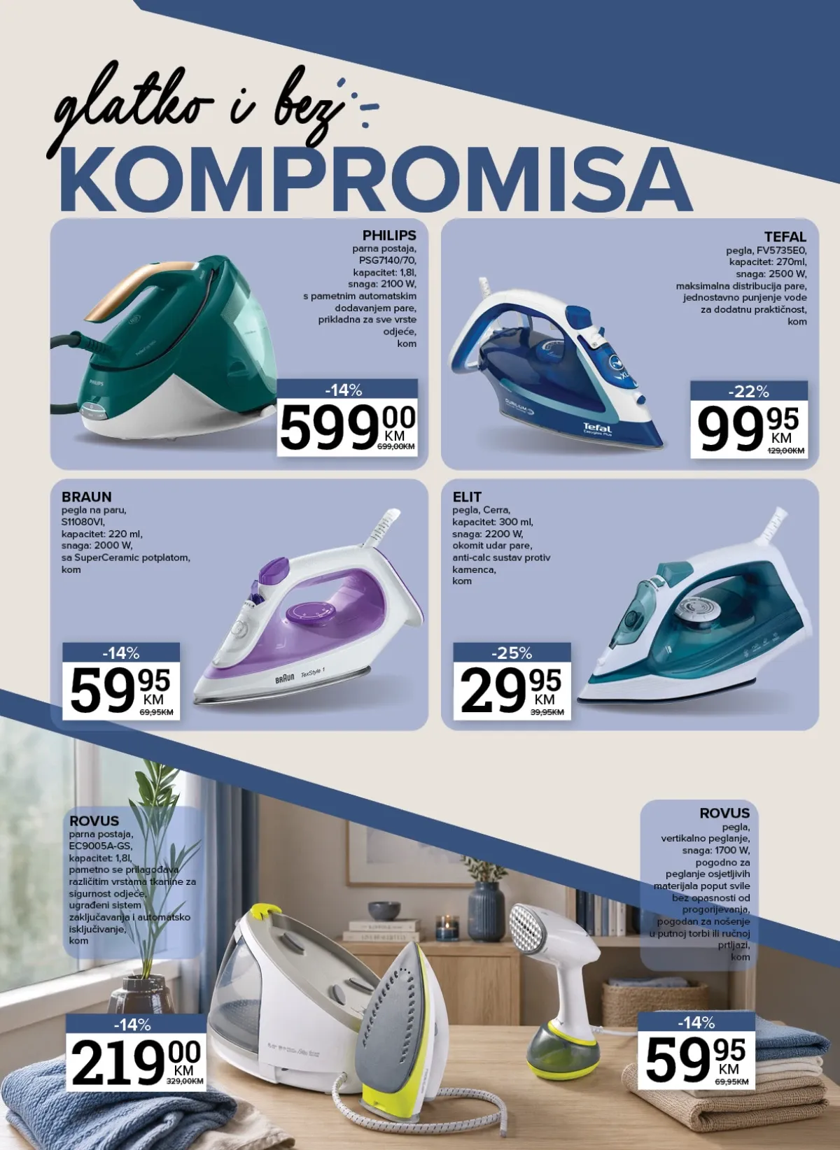Konzum i Mercator katalog – Philips, Tefal, Braun i Rovus pegle i parne stanice