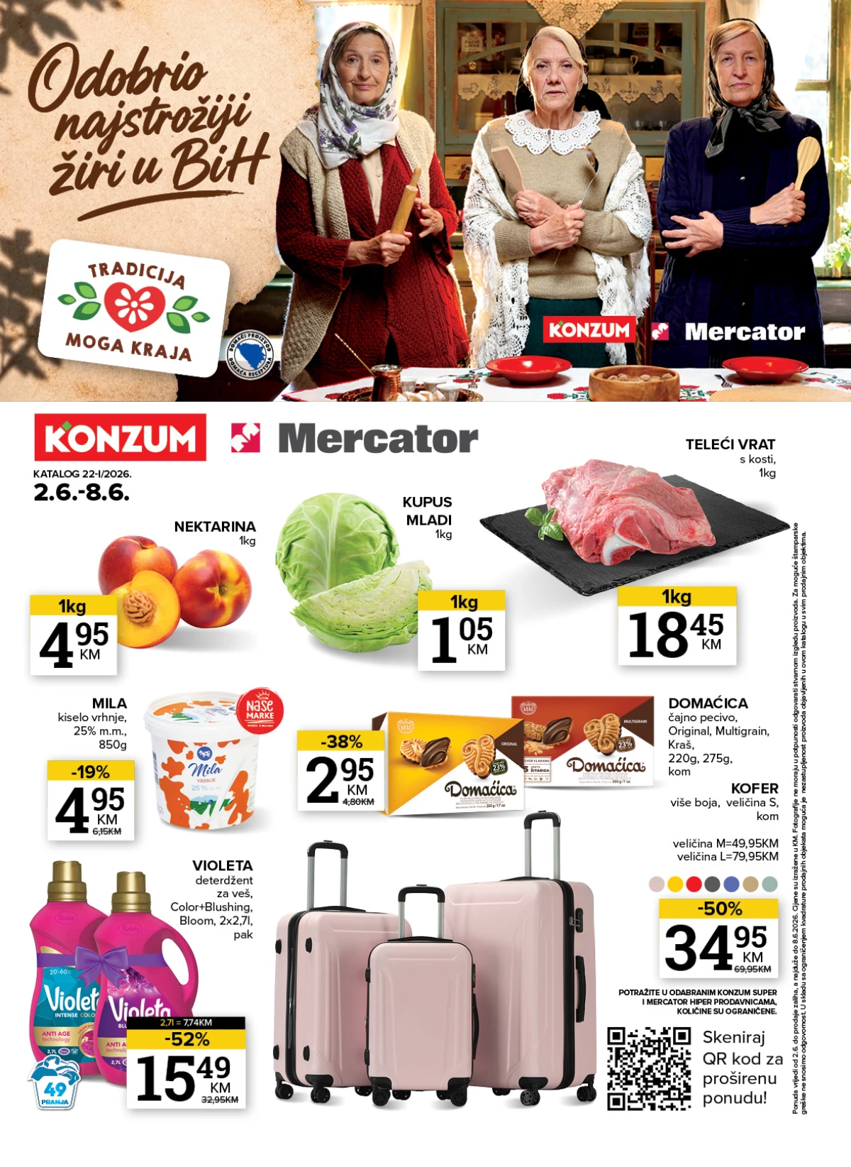 Konzum i Mercator akcija do 52 posto – nektarine, mladi kupus, teleći vrat, Violeta deterdžent i koferi na sniženju