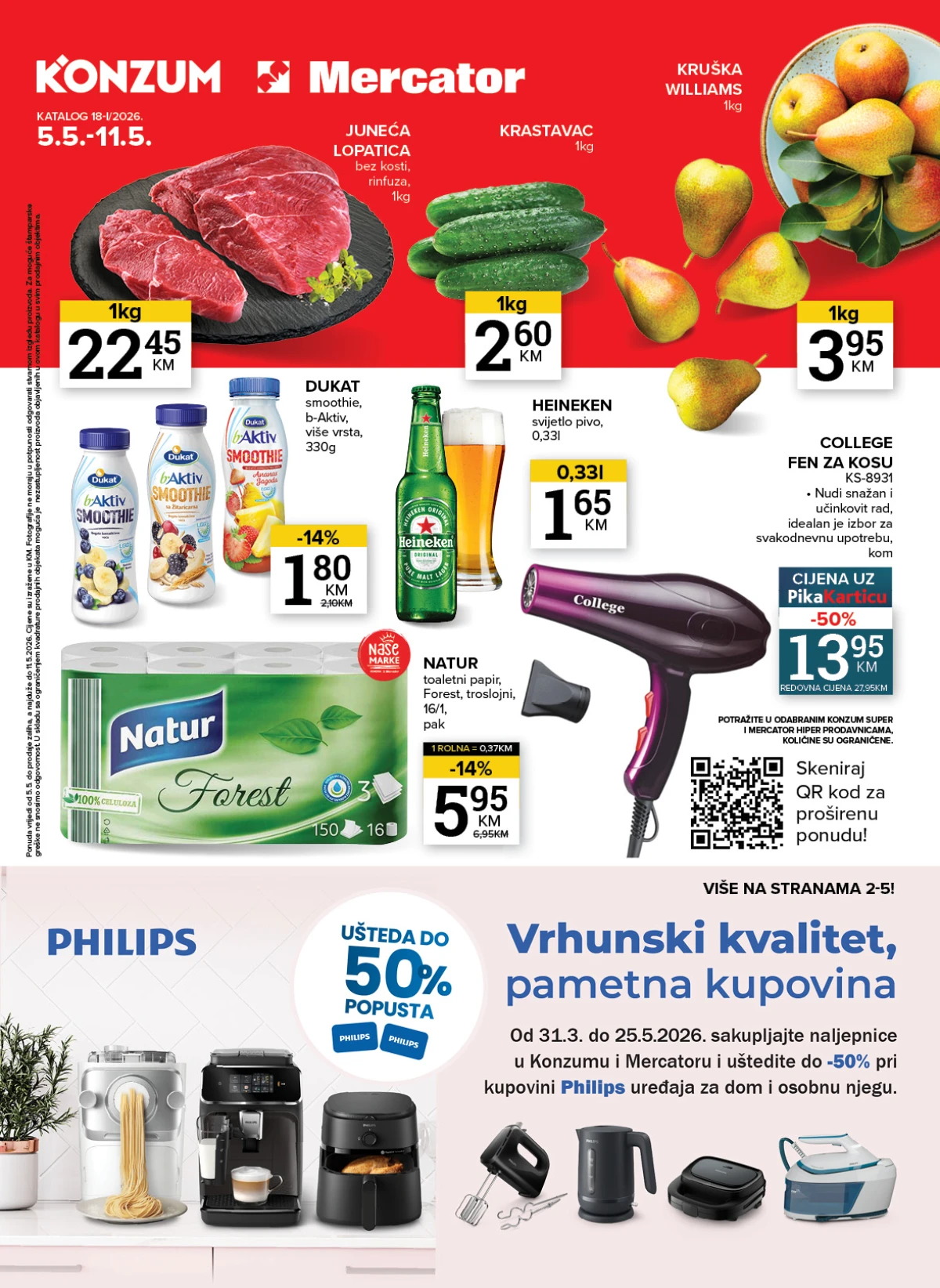 Konzum i Mercator katalog 05.05 do 11.05 2026 meso 22,45 KM krompir 1,35 KM kruška 3,95 KM sniženja