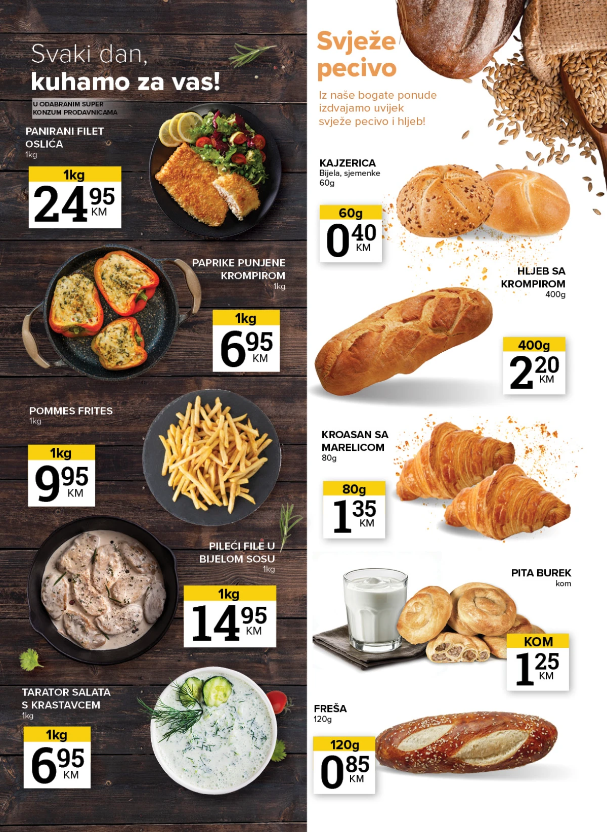 Panirani filet oslića, pileći file u bijelom sosu, kajzerice i svježe pecivo