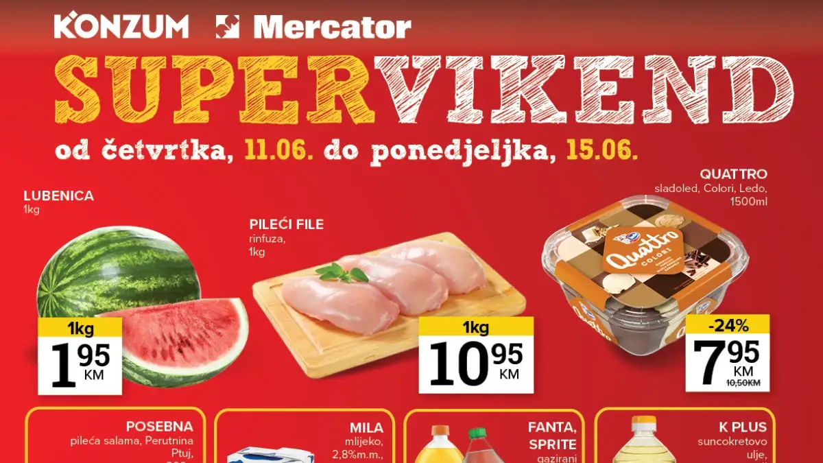 Konzum i Mercator Super vikend akcija do 43% popusta i cijene već od 1,35 KM do 15.06.2026