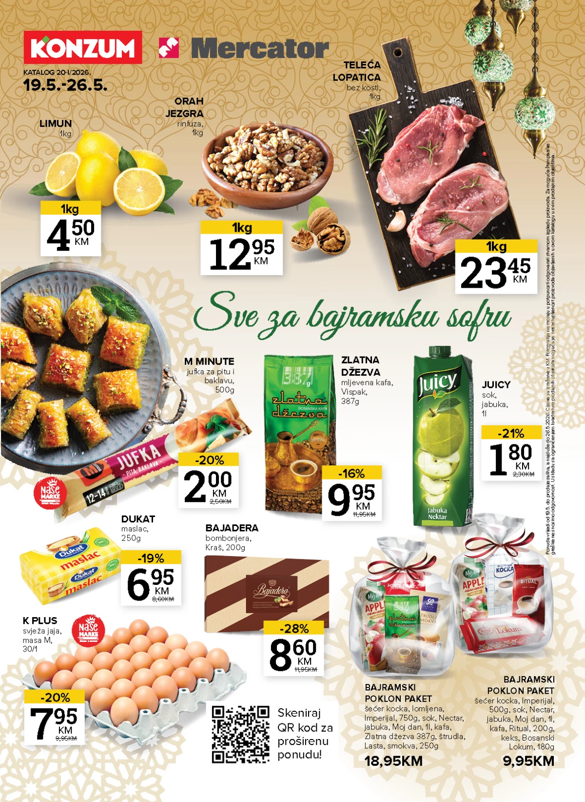 Konzum i Mercator katalog 19.05 do 26.05.2026 Bajramska akcija teleća lopatica 23,45 KM limun 4,50 KM i orah jezgra 12,95 KM