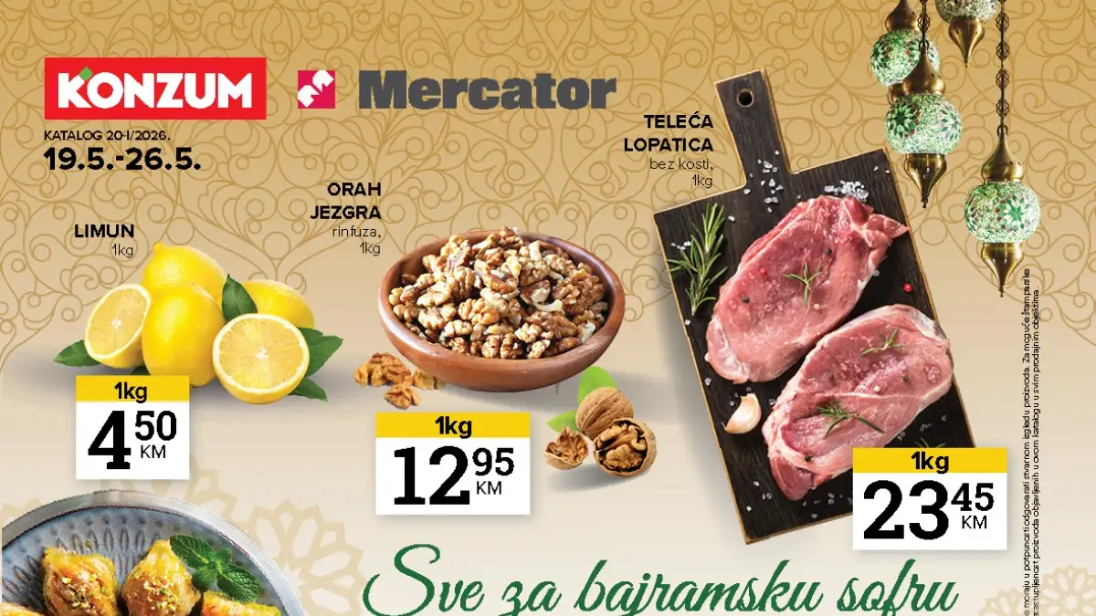 Konzum i Mercator katalog 19.05 do 26.05.2026 Bajramska akcija teleća lopatica 23,45 KM limun 4,50 KM i Philips sniženja do 50 posto