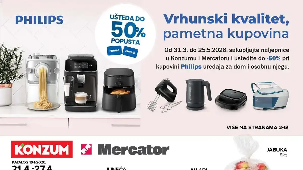 Konzum i Mercator katalog – akcija i sniženja do 50% do 27. aprila 2026 – strana HERO