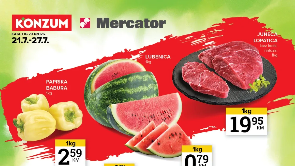 Konzum i Mercator katalog donosi sedmične akcije i uštede do 52% na prehranu, voće, meso i proizvode za domaćinstvo do 27.07.2026.