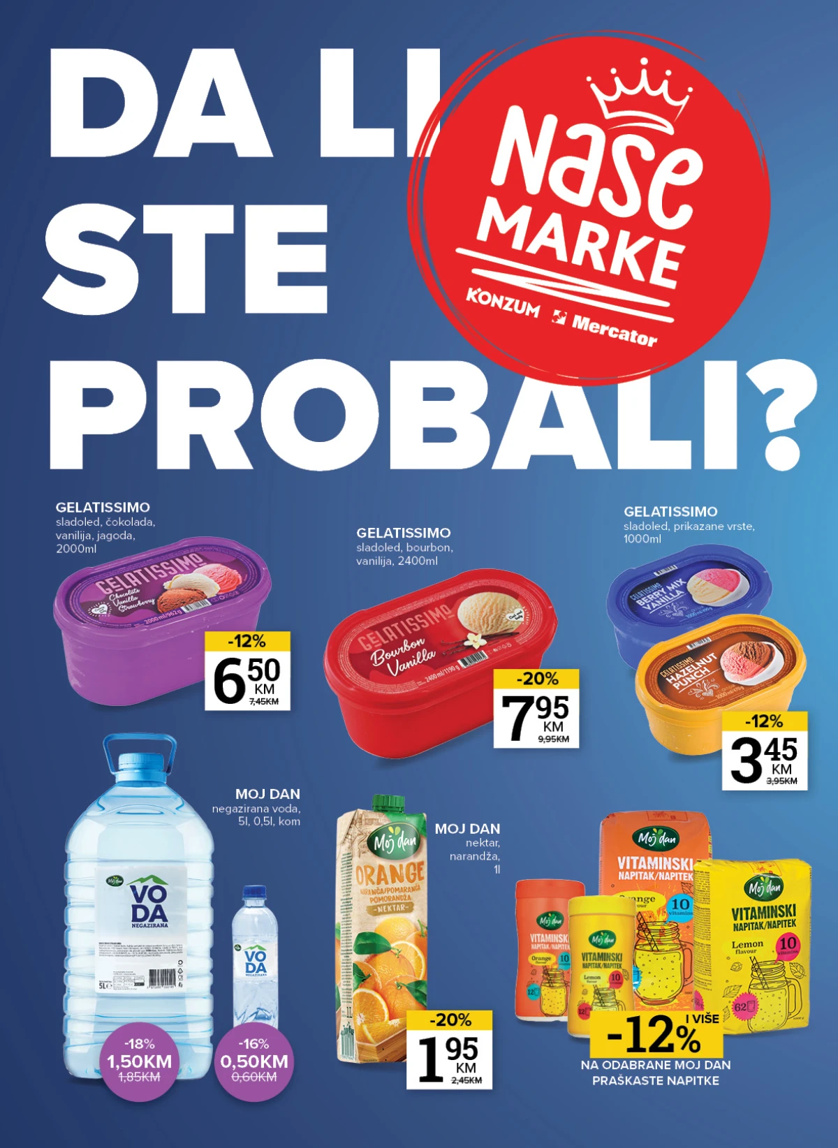 Konzum i Mercator katalog stranica 2 – Gelatissimo sladoledi, Moj dan voda i napici uz popuste do 20%