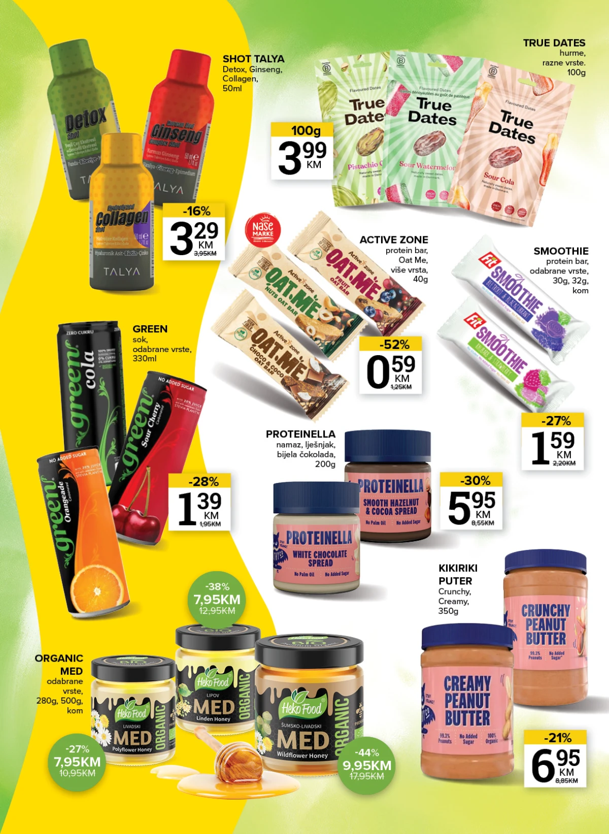 Konzum i Mercator katalog stranica 6 – Active Zone pločice, Green sokovi, Proteinella, med i kikiriki puter