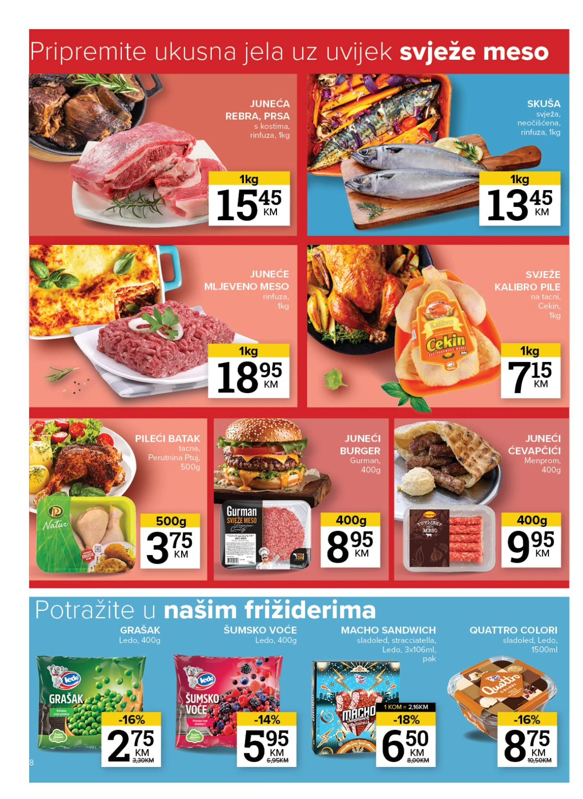 Konzum i Mercator katalog stranica 8 – junetina, piletina, riba, ćevapčići i Ledo smrznuti proizvodi