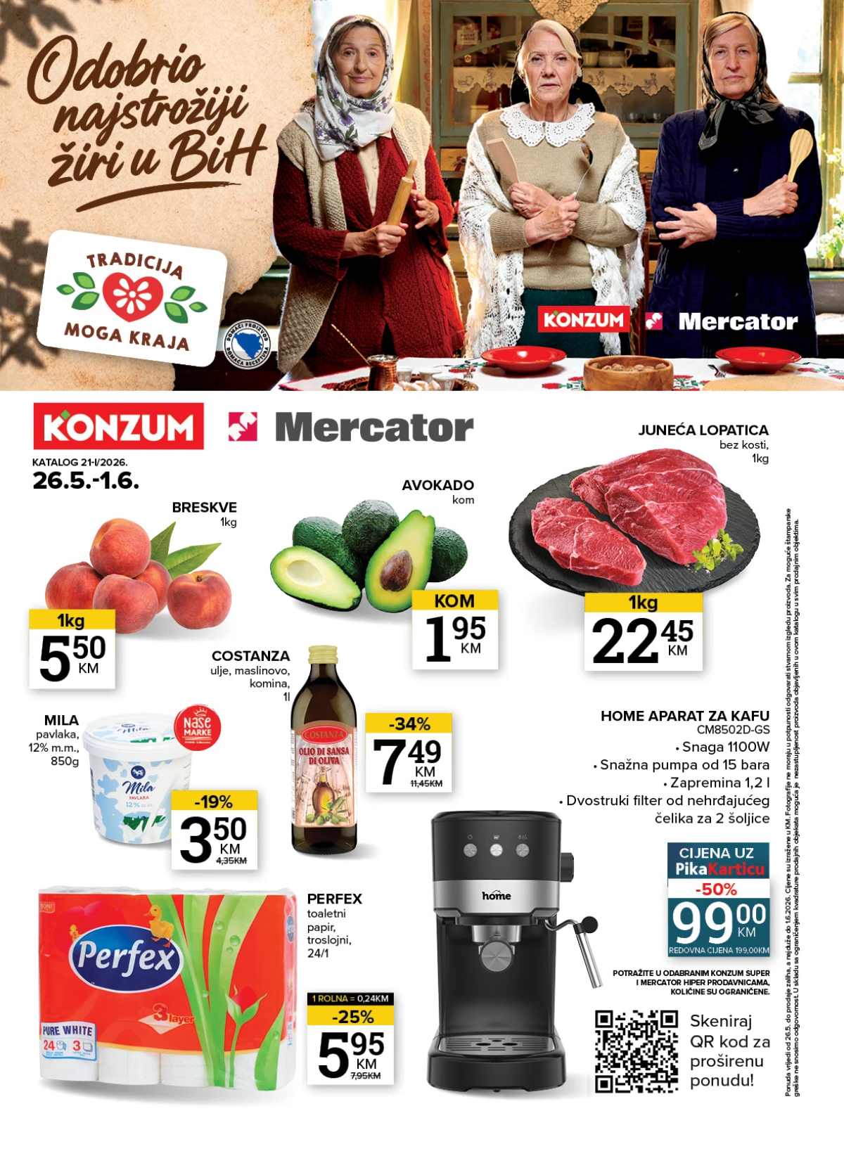 Konzum i Mercator katalog 26.05 do 01.06.2026 – breskve, avokado, juneća lopatica, pavlaka i Perfex na akciji
