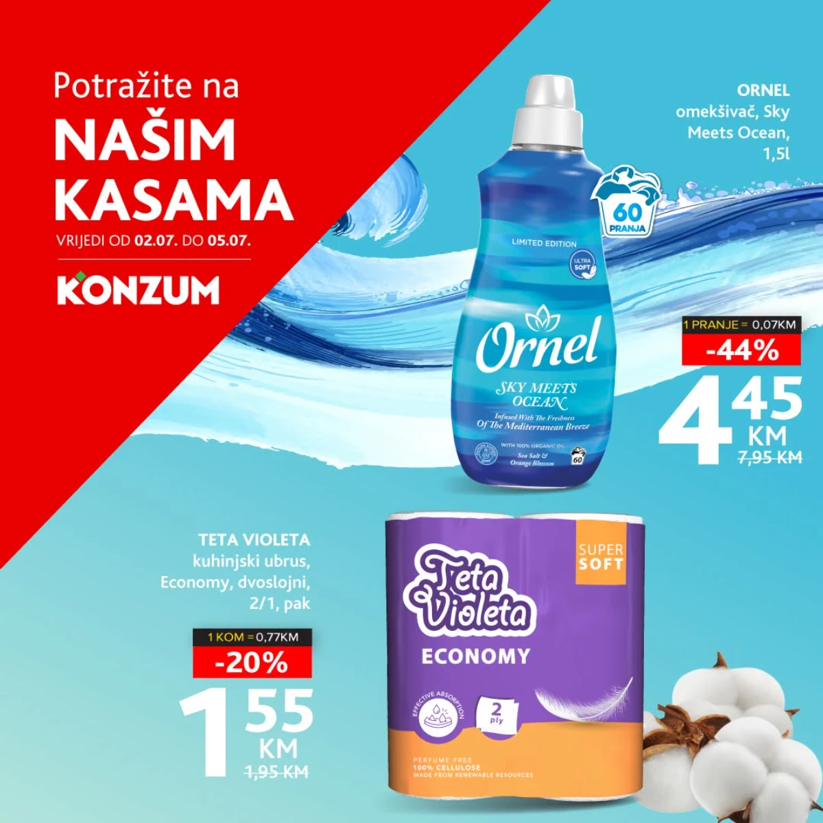 Konzum 'Našim kasama' akcija donosi uštede do 44% od 02. do 05.07.2026.