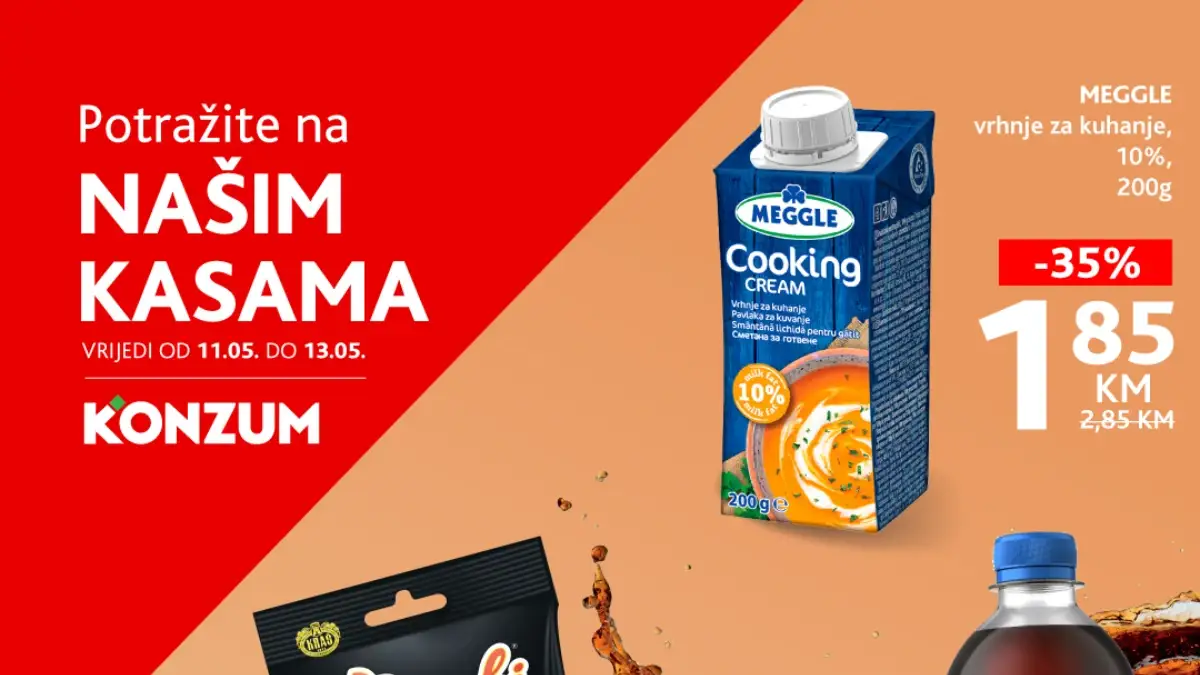 Konzum i Mercator akcija na kasama do 13.05.2026 Pepsi 1 KM Meggle vrhnje 1,85 KM Bronhi bombone 1,50 KM sniženja