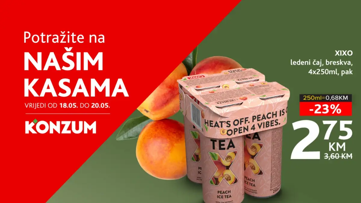 Konzum i Mercator akcija na kasama do 20.05.2026 Xixo ledeni čaj breskva 2,75 KM i Lasta štrudla smokva 2,45 KM sniženja