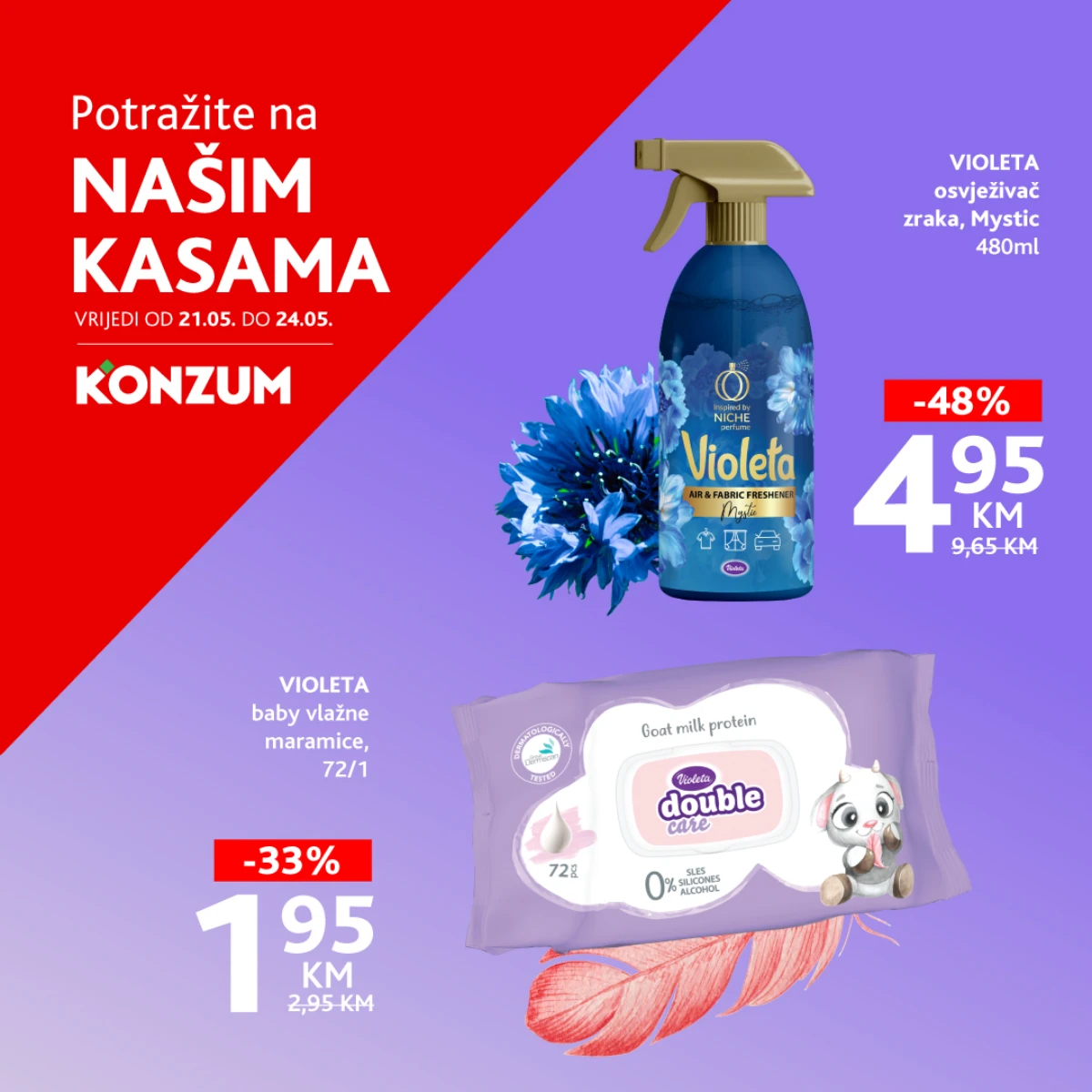 Konzum i Mercator prodaja na kasama do 24.05.2026 – Violeta baby vlažne maramice 1,95 KM i Violeta Mystic osvježivač zraka 4,95 KM