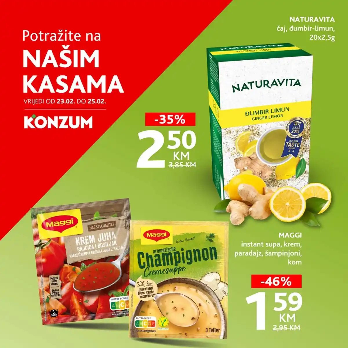 Konzum i Mercator sniženje na kasi do 25. februara 2026 – Naturavita čaj Đumbir/Limun -35% i Maggi instant supe -46%