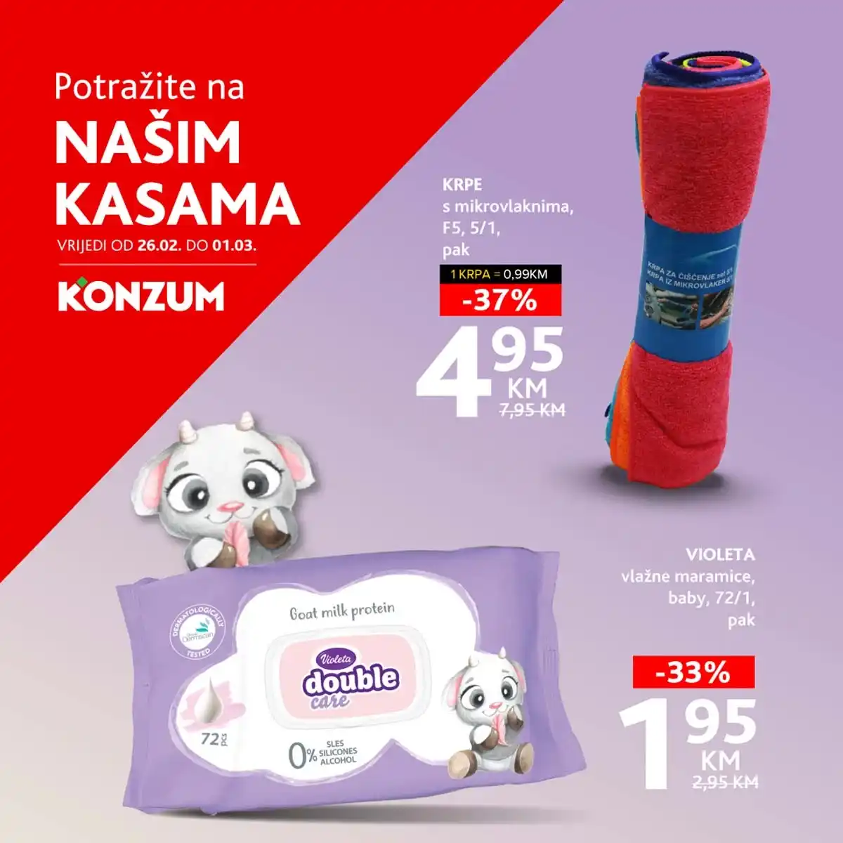 Konzum i Mercator sniženje na kasi do 37 posto – krpe sa mikrovlaknima 5/1 i Violeta vlažne maramice 72/1