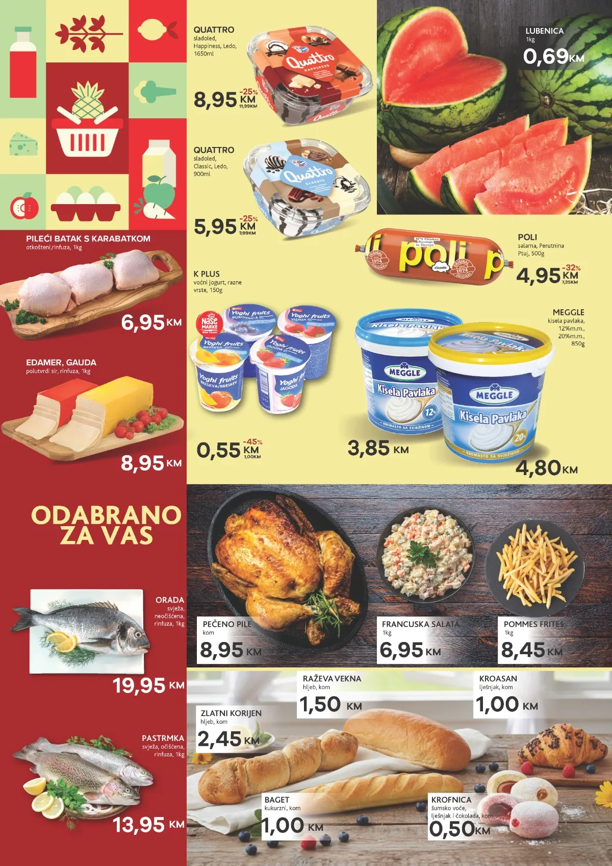 Konzum Cazin ponuda do 23.08.2026. – pileći batak, lubenica, sirevi, jogurt, pavlaka, riba, pekarski proizvodi i druge akcijske cijene