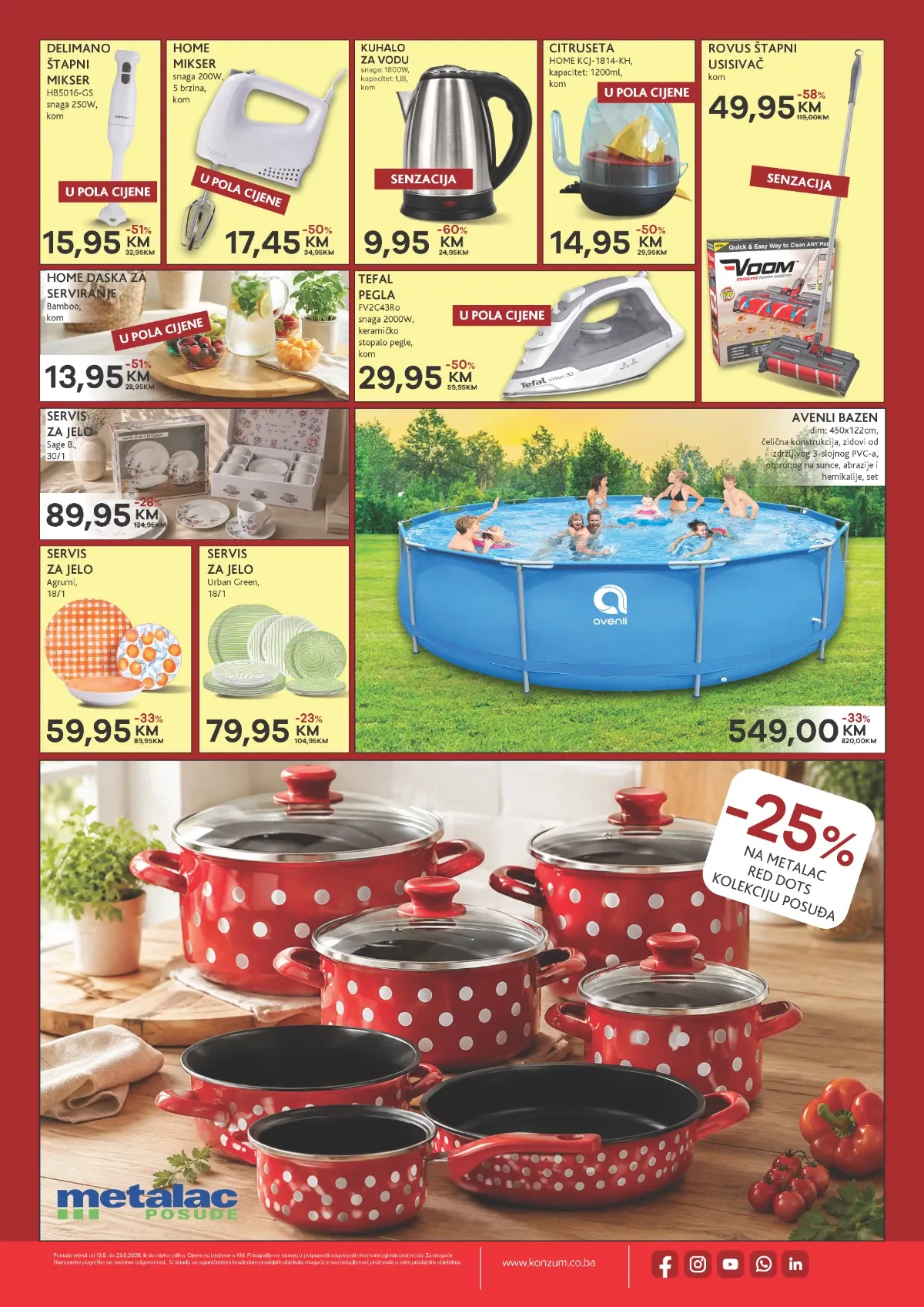 Konzum Cazin ponuda do 23.08.2026. – mali kućanski aparati, Tefal pegla, Rovus usisivač, servisi za jelo, bazen i Metalac posuđe