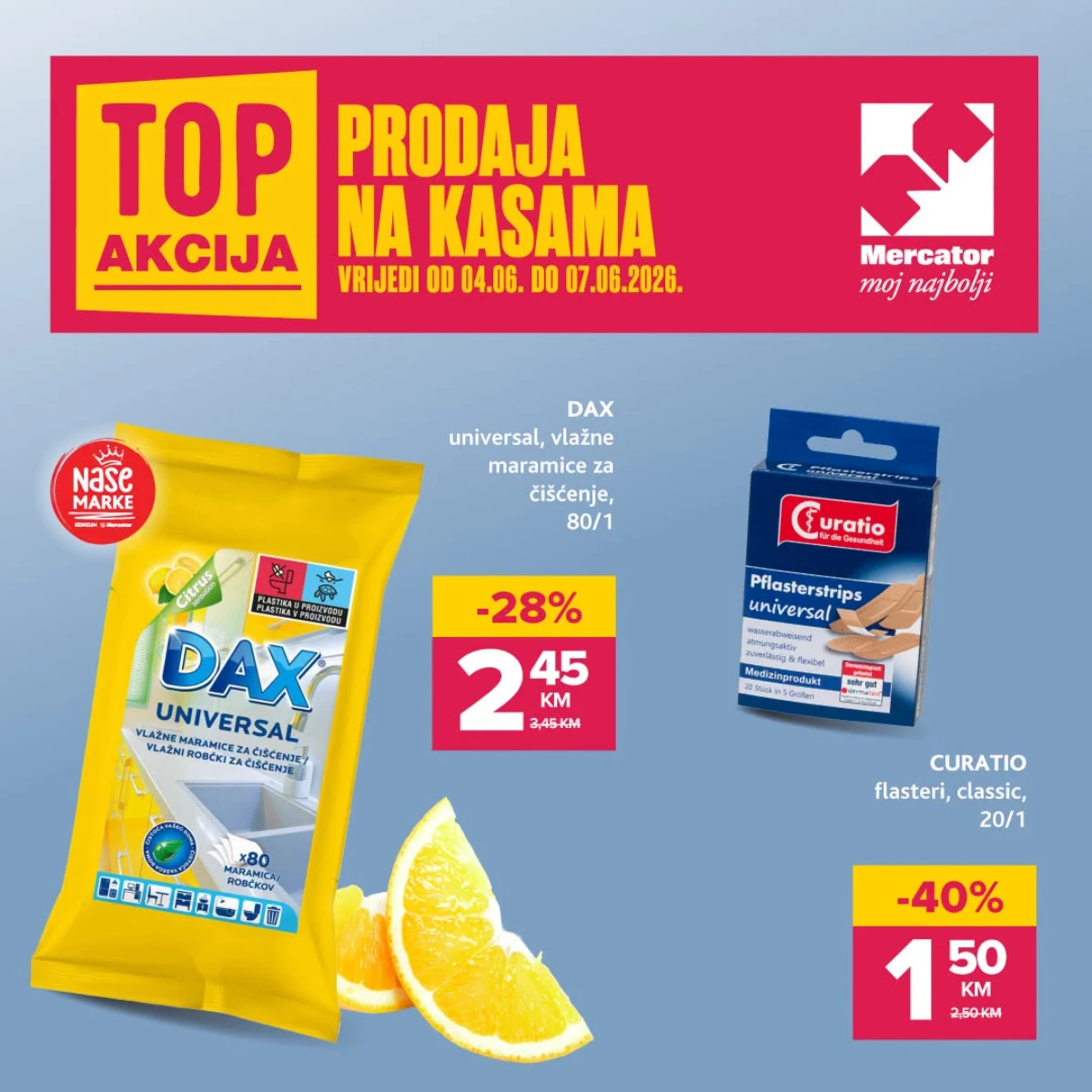 Mercator TOP akcija na kasama do 07.06.2026 – DAX vlažne maramice i Curatio flasteri na sniženju