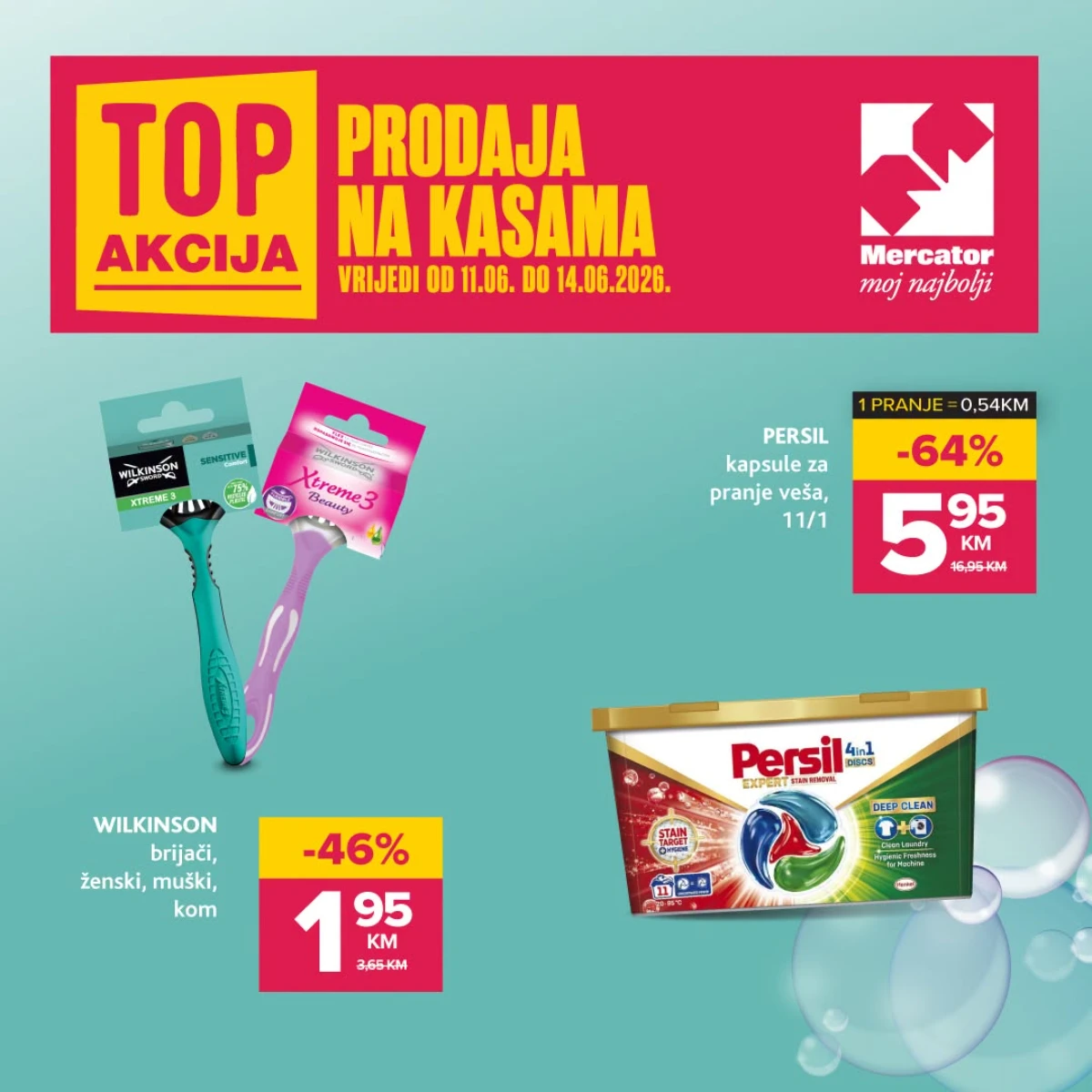 Mercator TOP akcija – Persil kapsule 5,95 KM i Wilkinson brijači 1,95 KM uz popuste do 64%