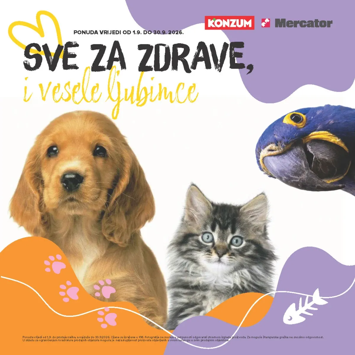Konzum i Mercator katalog za ljubimce od 01.09. do 30.09.2026. – hrana, poslastice i pijesak za pse i mačke sniženi do 35%