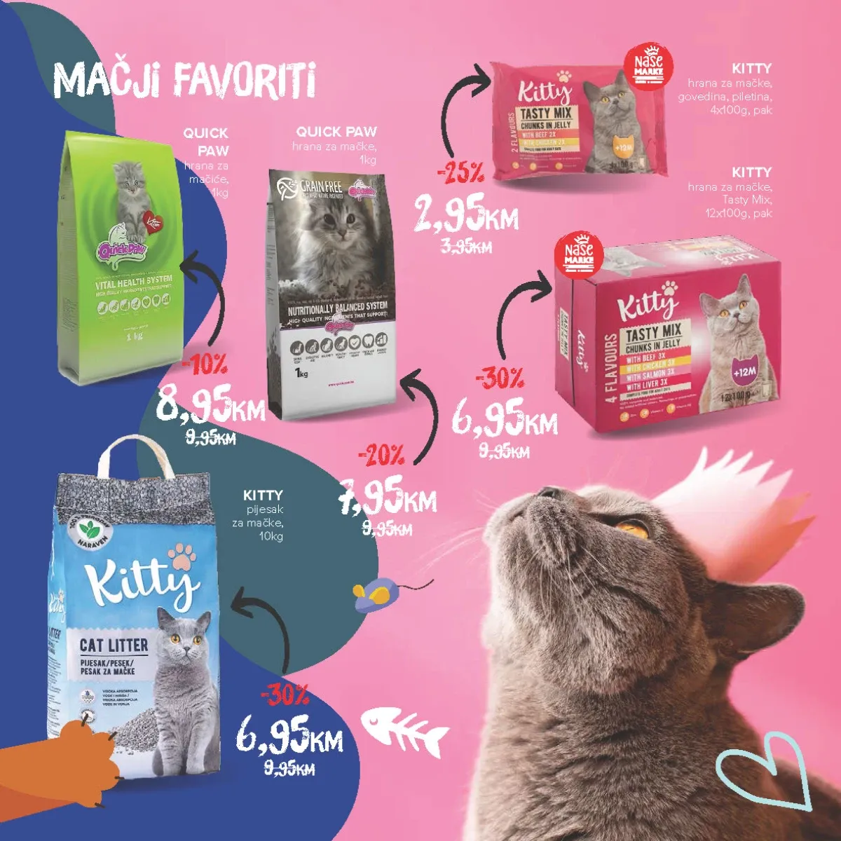 Kitty hrana i pijesak za mačke te Quick Paw hrana na akciji do 30% u Konzumu i Mercatoru