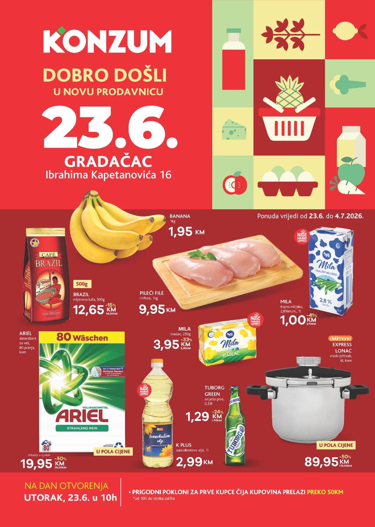 Konzum Gradačac posebna ponuda do 04.07.2026 – otvaranje nove prodavnice uz popuste do 50%