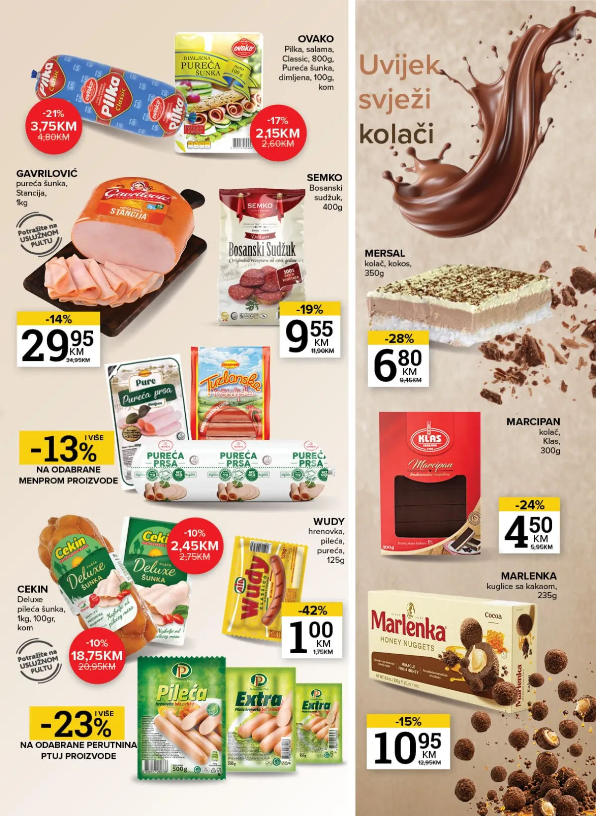Konzum i Mercator katalog – suhomesnati proizvodi i kolači na akciji