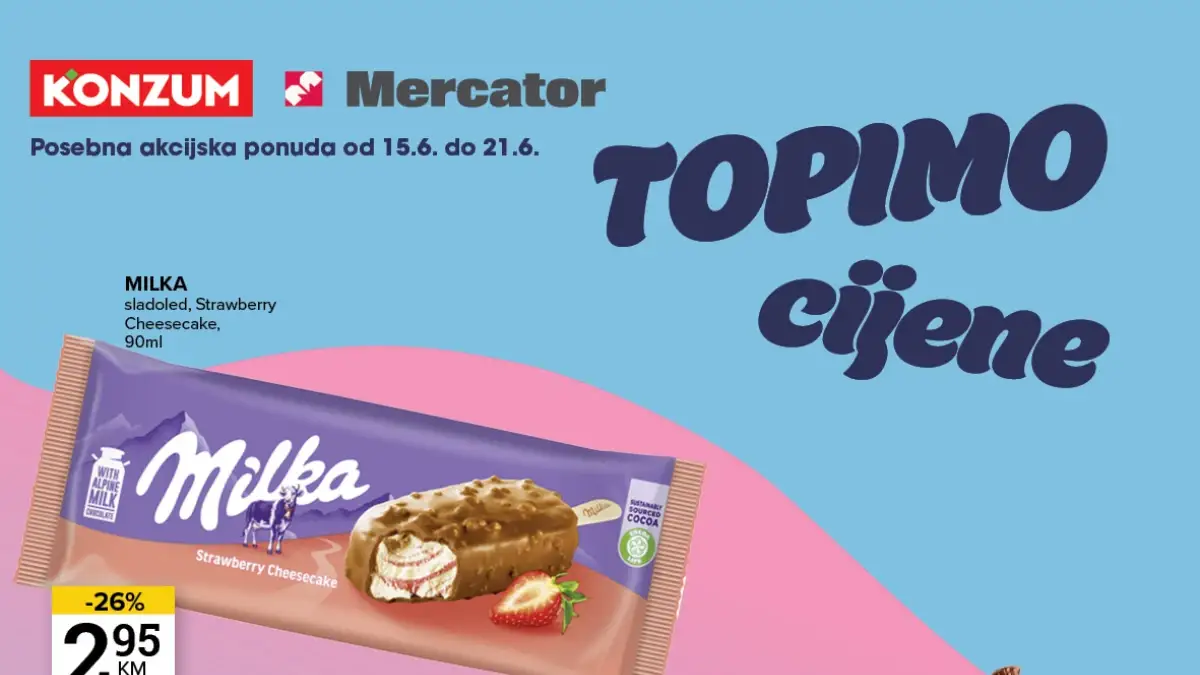 Konzum i Mercator akcija sladoleda do 21.06.2026 – Magnum 2,95 KM, Snickers 1,95 KM i Kinder Bueno 2,95 KM